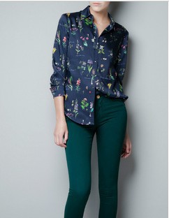 2013 NEW Women's Spring Vintage Floral Print Long Sleeve Shirt Female Casual Top Blouse free shipping