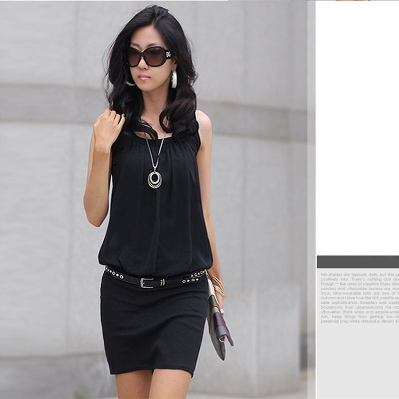 2013 New Women's Summer Women Mini Dress Crew Neck Chiffon Sleeveless Casual Tunic Sundress Black , Free Shipping Dropshipping
