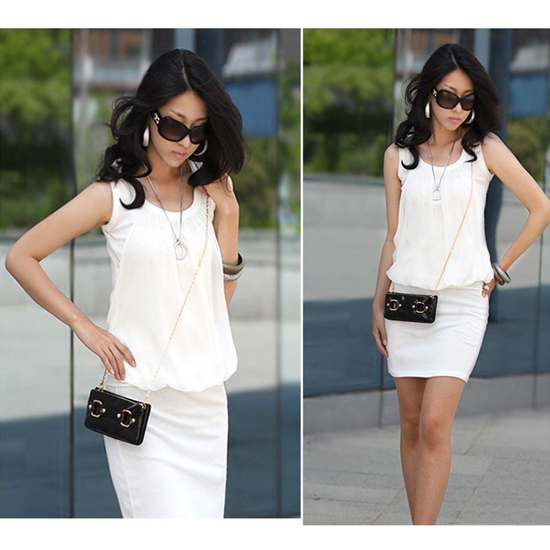 2013 New Women's Summer Women Mini Dress Crew Neck Chiffon Sleeveless Causal Tunic Sundress White , Free Shipping Dropshipping