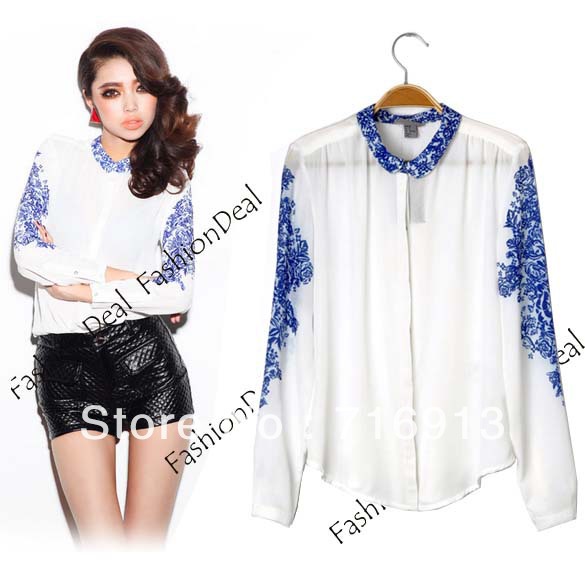 2013 New Women's Top Casual  Blue And White Porcelain Chiffon Blouse Shirt Long Sleeve T-Shirt Free Shipping 11115
