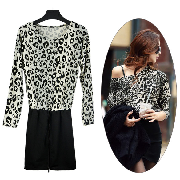 2013 New Women Sexy Round Collar Long Sleeves Black Leopard knitted Dress free shipping 8999