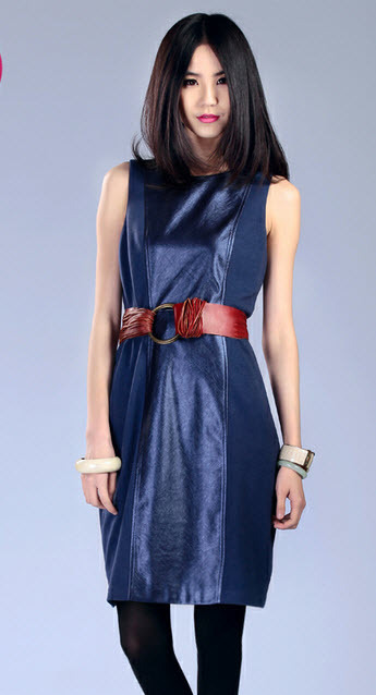 2013 New Women  Sleeveless Knit Joint PU Leather Dress Dress Black and Blue