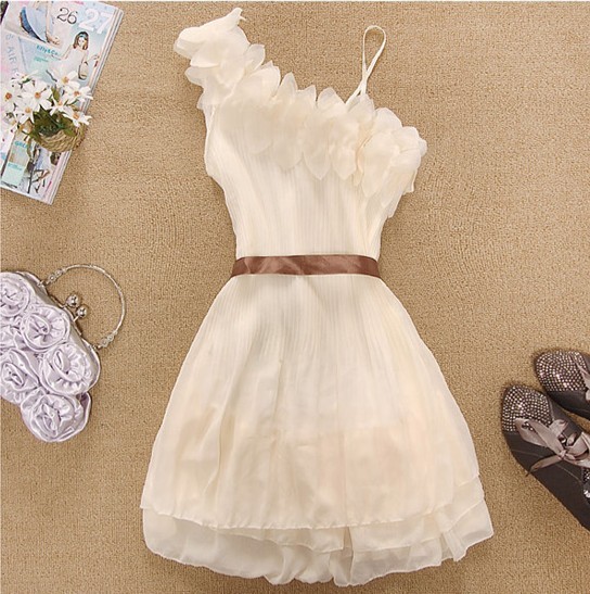 2013 new Women Sweet Pleated Party One Shoulder Off Chiffon Dress for women blouse chiffon dress casual summer