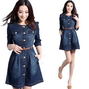 2013 NEW women vintage Denim dresses,Ladies fashion jeans dress,Detachable Lace Neck workwear S-XL size,free shipping