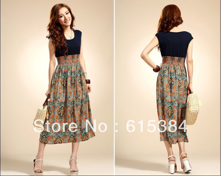2013 New Womens Lady Vintage Dress Cotton + Chiffon Sleeveless Bohemian High waist Skirt Long Dress Orange, Blue free shipping
