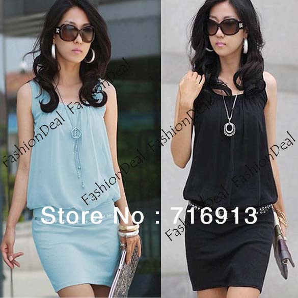 2013 New Womens Stylish Crewneck Chic Cotton Chiffon Tunic Causal Mini Sleeveless Dress 4 Colors Free Shipping 3678