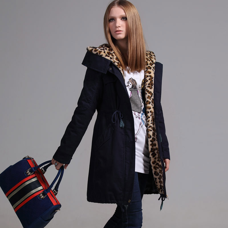 2013 New Womens winter warm long coat nature cotton thickening leopard print cap lady'smedium-long cotton-padded snow jacket