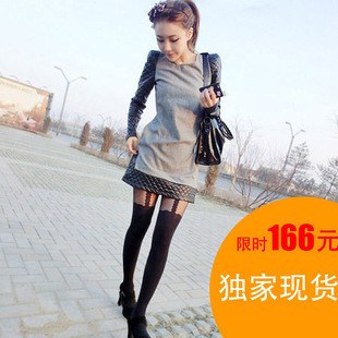 2013 new Woolen one-piece dress leather patchwork shoulder pads small long-sleeve dress one-piece skirt free shipping