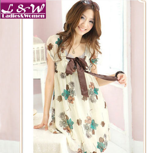 2013 New Year Fashion Women Lovely Cute Casual Dress with Print Flower/ Bow Ladies Spring&Summer Loose Dresses 12040