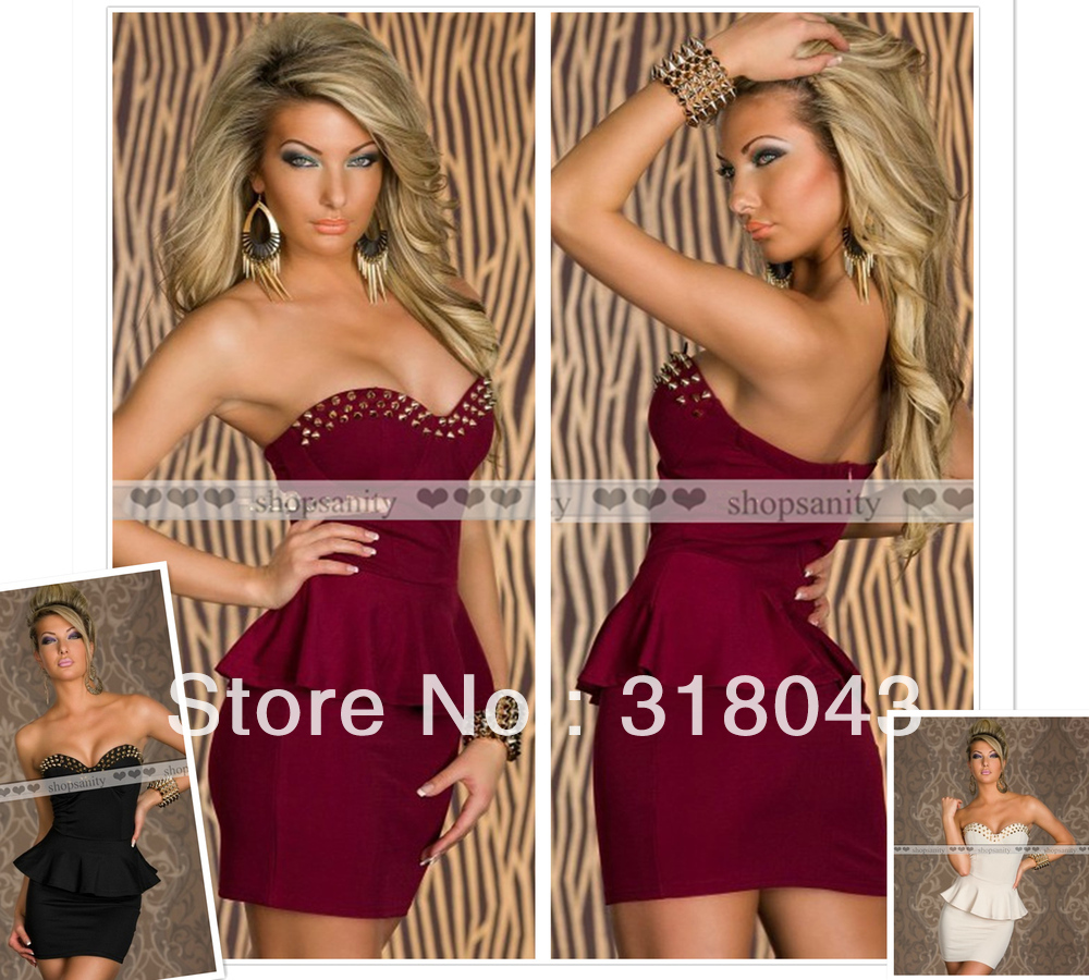 2013 Newest 3 colors Women Sexy One-piece Ruffle Waist Punk Club Wear/Party Off Shoulder Evening Sheath Tight Dress with Rivets