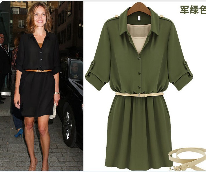 2013 NEWEST Europe style women  long sleeve slim dress with belt, turn-down collar,black,green, S M L XL, free shipping