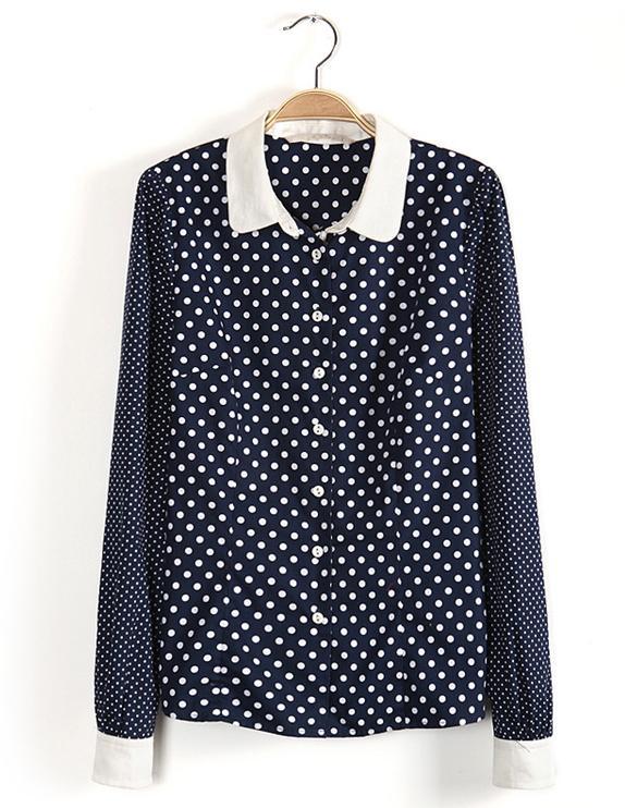 2013 newest Free shipping turn-down collar  polka dot print full sleeve cotton blouses  great quality fashion shirts