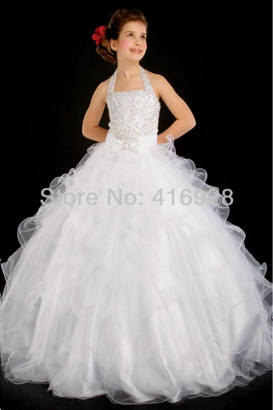 2013 Newest Halter White Organza Flower Girl Dresses Ball Gown Little Girl