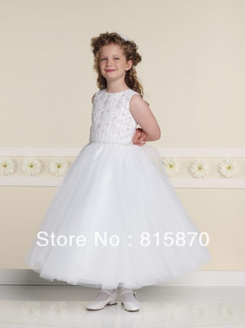 2013 newest hot sale custom made A-line embroidery  beading white  lovely  little flower girl dress