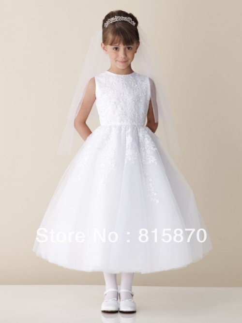 2013 newest hot sale custom made A-line lace beading white  lovely  little flower girl dress