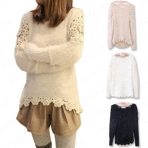 2013 Newest Korea Style Misscandy Lady Round Neck Warm Knitwear Casual Lovely Sweater Hollow out lace T-shirt Tops Blouse E0892