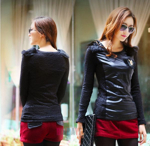 2013 Newest Korean lace+leather fashion long sleeve O-neck ladies' T-shirt plus big size M--XXL-Spring,autumn, winter 12A31