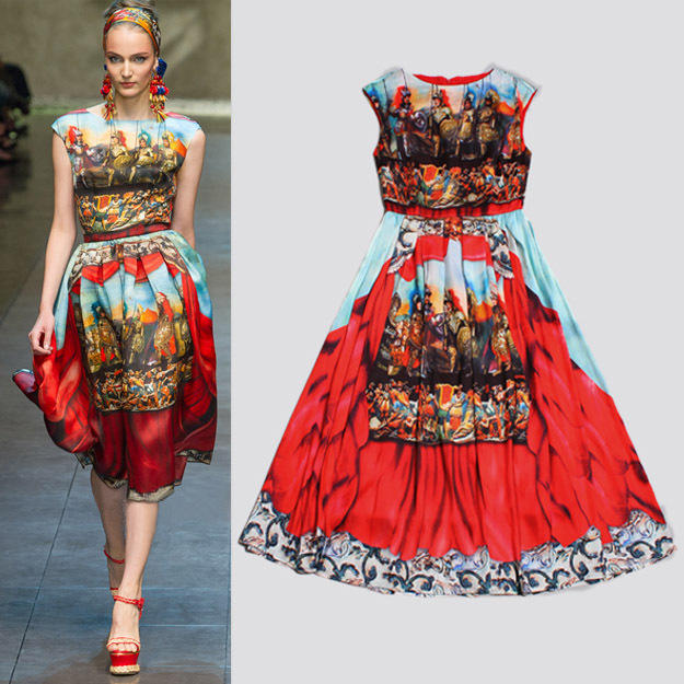 2013 Newest Runway Vintage Digital Printing Sleeveless Silk Dress &DW37-0054