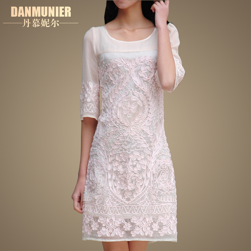 2013 newly high quality embroidery flowers sleeves organza silk dress plus size women
