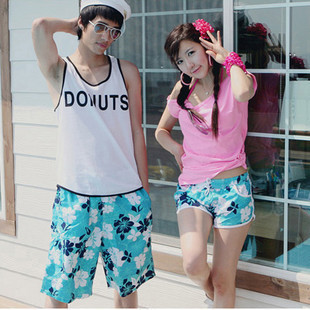 2013 normic fashion beach pants lovers set pale blue and white fabric quick-drying