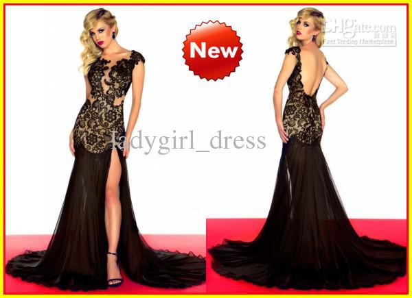 2013 Nude Sexy Mermaid High Collar Lace Black Chiffon Long Celebrity Prom Dresses Dress Gowns 61041