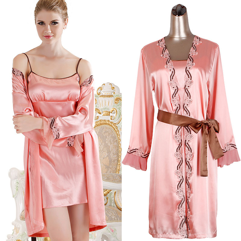 2013 NWT women's silk satin 2 pcs long-sleeve sleepwear cardigan pink nightdress robe sets spaghetti strap homewear belt 66018