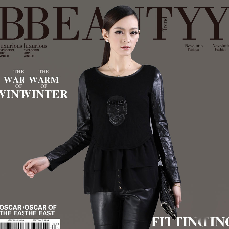 2013 o-neck sheepskin sleeves shirt women's genuine leather clothing sweater basic shirt