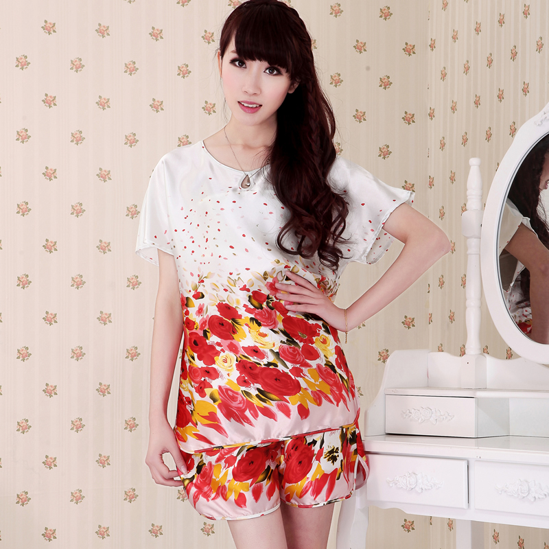 2013 o-neck sweet short-sleeve shorts twinset fashion silk sleepwear lounge at home service