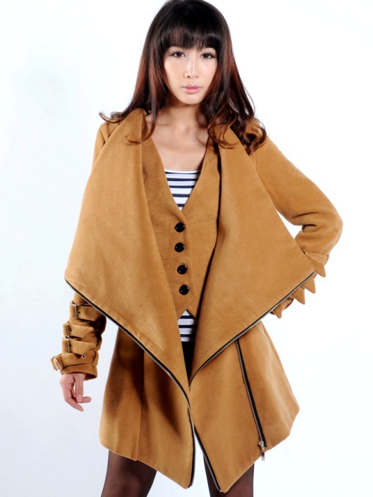 2013 oblique zipper faux two piece trench women's slim sheep trophonema wool coat outerwear