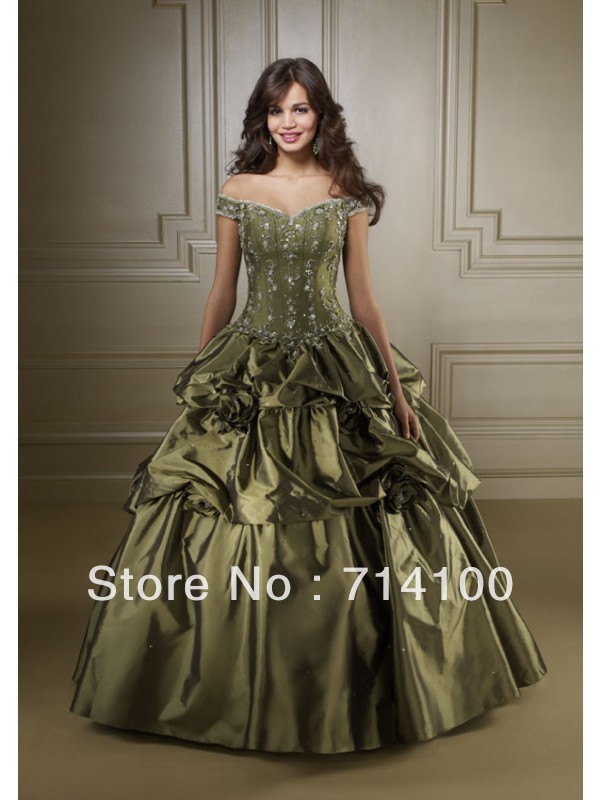 2013 Off-shoulder Green sweetheart  Beading Multilayer Pleated Tiered Ruched Floor Length Lace up Ball Gown Quinceanera Dress