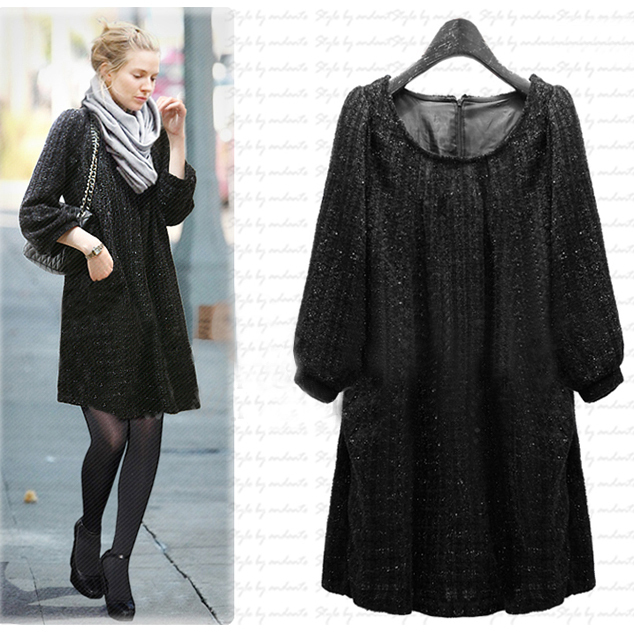 2013 one-piece dress fashion loose long-sleeve plus size star style woolen dress black one-piece dress,freeshipping