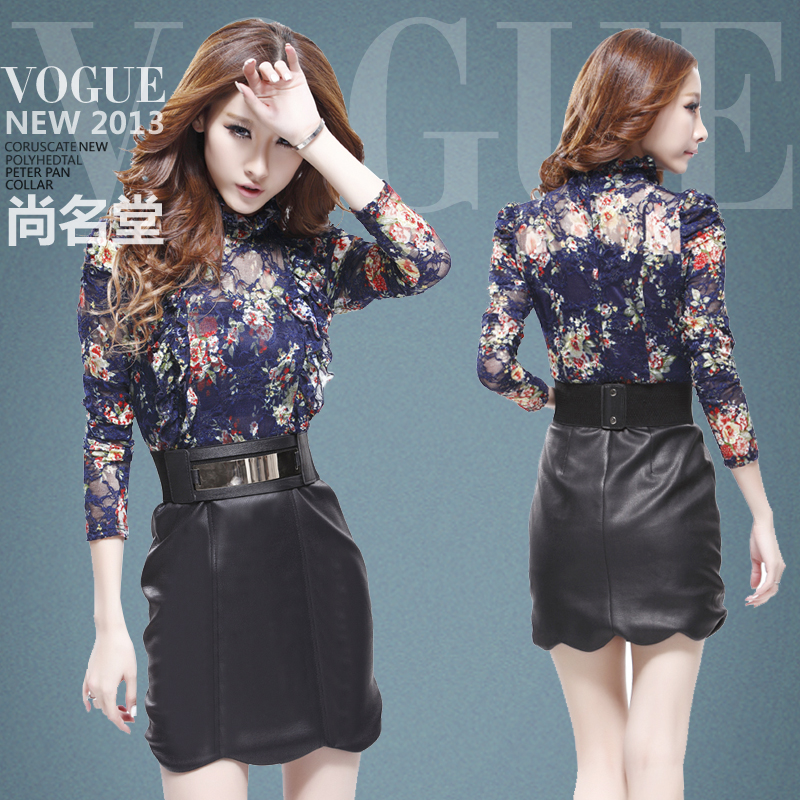 2013 one-piece dress stand collar fungus laciness lace printing leather skirt gauze basic skirt