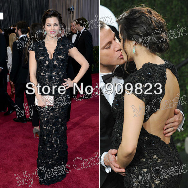 2013 Oscar Awards Jenna Dewan V Neck Cap Sleeves Nude Lining Black Lace With Her Baby A Line Celebrity Dresses Gowns New