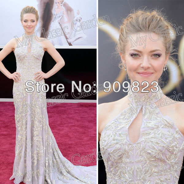 2013 Oscar Awards Zamanda Seyfried Halter Droped Front Golden Applique Lace Beaded Formal Celebrity Evening Dresses Gowns 2013