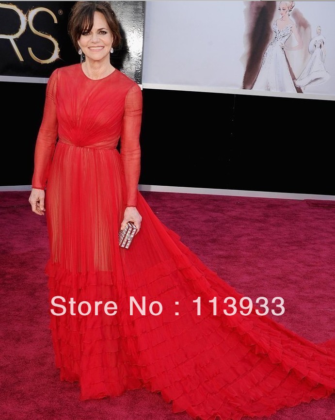 2013 Oscar New Arrival Fashion Elegant Long Sleeve Ruffles Wholesale Red Celebrity Evening Mermaid Dress Gown Custom Made