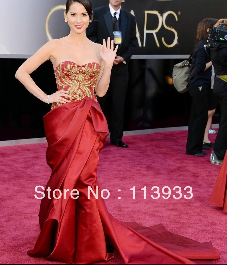 2013 Oscar New Arrival Fashion Noble Luxury Wholesale Red Ruched Embroidery Celebrity Evening Mermaid Dress Gown Custom Made