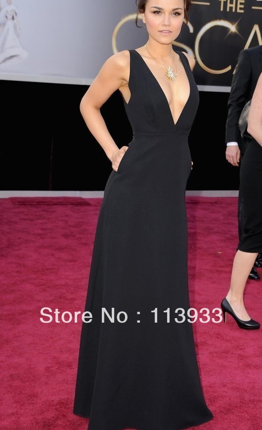 2013 Oscar New Arrival Sexy Deep V Neck Black Simple Wholesale Celebrity Cocktail Dress Gown Custom Made