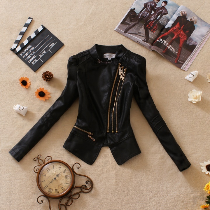 2013 outerwear fashion gold zipper puff sleeve Women stand collar short design slim motorcycle small leather clothing