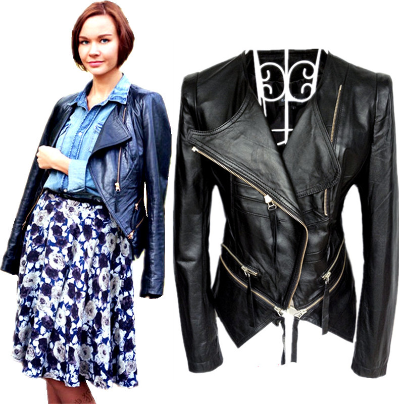 2013 outerwear sheepskin o-neck turn-down collar shoulder pads slim genuine leather clothing female zipper