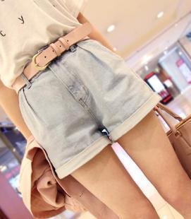 2013 pants loose plus size roll up hem high waist denim shorts light color pleated send strap