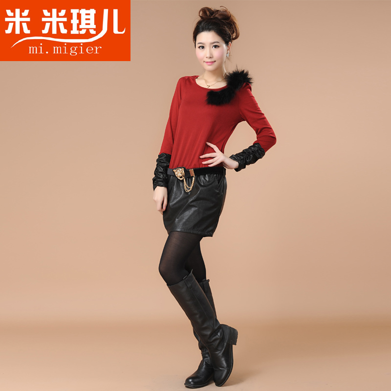 2013 patchwork dress belt leather one-piece dress long-sleeve slim basic skirt