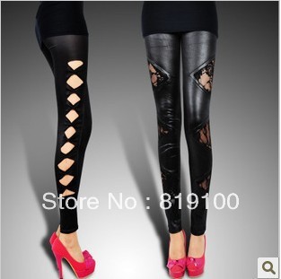 2013 patent leather legging patchwork lace legging hole cutout legging ankle length trousers female
