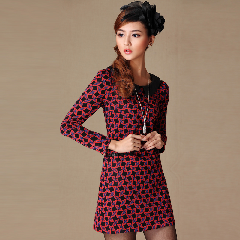 2013 peter pan collar genuine leather patchwork one-piece dress long-sleeve basic skirt woolen knitted spring plus size women
