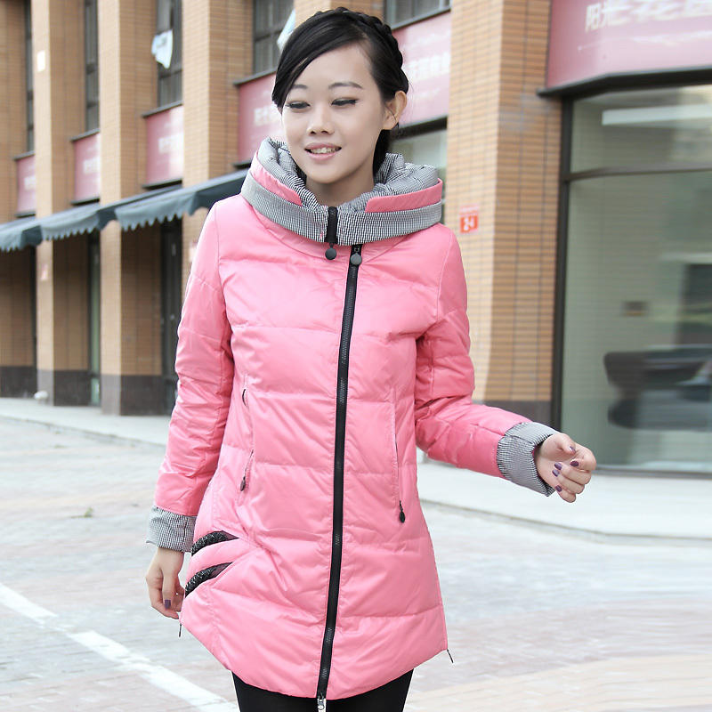 2013 plaid down coat female medium-long fashion with a hood double zipper down coat