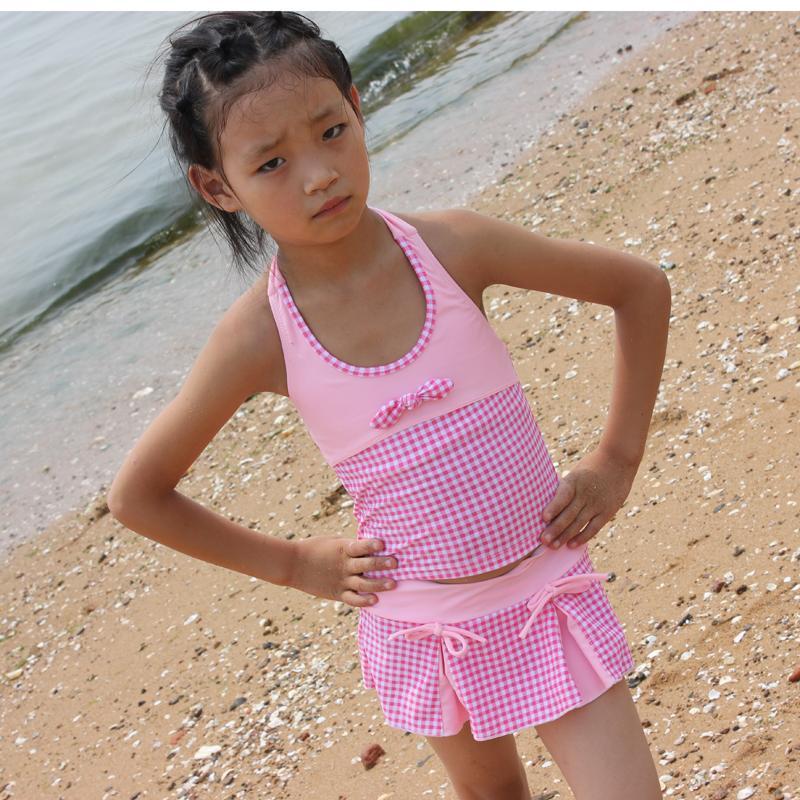 2013 plaid female child split skirt swimwear girl swimsuit