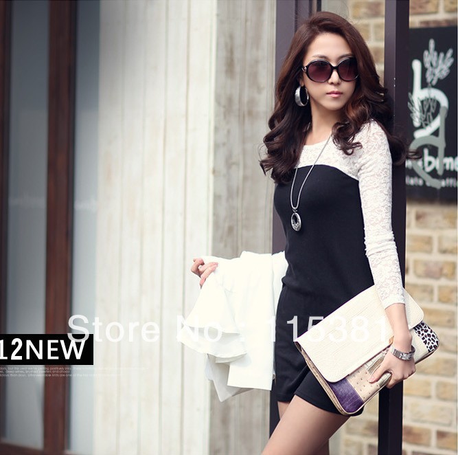 2013 plus size clothes lace patchwork long-sleeve basic dress sexy cotton lace dress freeshipping