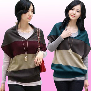 2013 plus size clothing spring and autumn color block decoration batwing sleeve thin