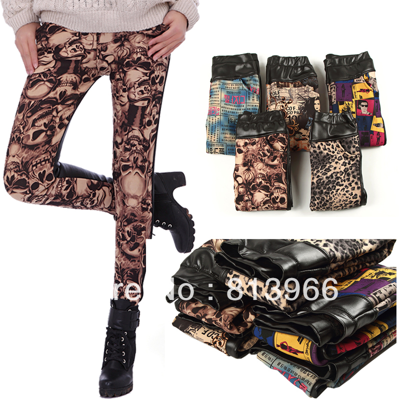 2013 plus velvet thickening autumn and winter faux leather boot cut jeans leopard print patchwork slim warm pants ankle length