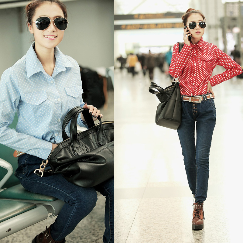 2013 pocket sweet polka dot shirt female long-sleeve preppy style upperwear female