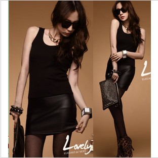 2013 pompilius spring one-piece dress vest patchwork slim hip leather skirt sexy basic skirt